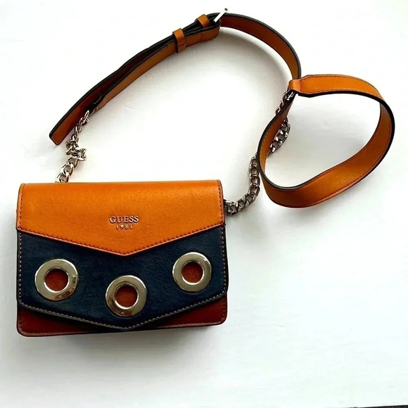 GUESS CROSSBODY BLUE &  TAN BROWN TAB BAG - Picture 1 of 15